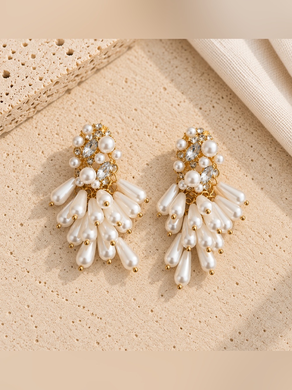 Elegant Gold Pearl Drop Cluster Earrings